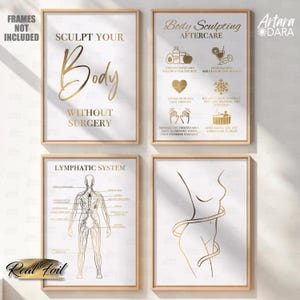 Op de afbeelding: Vier gouden foliedrukken met een witte achtergrond. De eerste print zegt "Sculpt Your Body Without Surgery". De tweede print zegt "Body Sculpting Aftercare" en bevat een lijst met instructies. De derde print toont een diagram van het lymfestelsel. De vierde print toont een gestileerde schets van een lichaam met een meetlint om de taille.