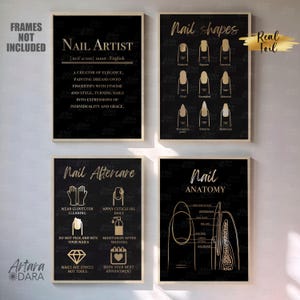 Decoração de salão de beleza, Arte em formatos de unhas, Impressão em folha de alumínio real, Pôster de beleza, Anatomia das unhas, Cuidados posteriores com as unhas, Pôster de manicure, Artista de unhas, Citação sobre unhas