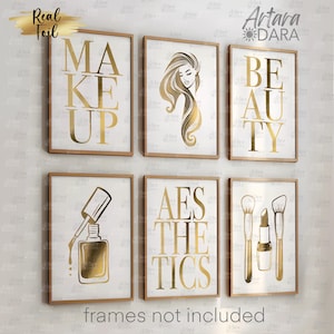 6 Gold Foil Beauty Posters – Aesthetics, Makeup, Nail Polish Bottle, Long Hair Girl & Makeup Tools – Salon Wall Art