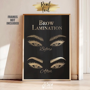 May include: Black and gold poster with the text "Brow Lamination" and illustrations of eyebrows before and after lamination.