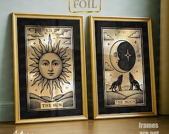 Gold Foil Tarot Posters – The Moon & The Sun, Mystical Decor Set