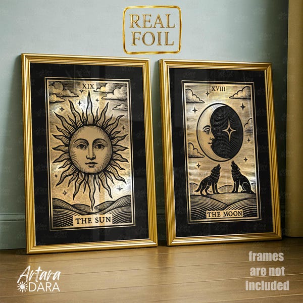 Gold Foil Tarot Posters – The Moon & The Sun, Mystical Decor Set