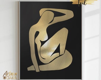 Minimalism Wall Art, Real foil Print, Matisse Inspired Art, Gold Abstract Art, Gold Home Decor, Black Gold Poster, Housewarming Gift