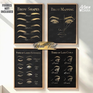 Könnte beinhalten: Vier schwarze und goldene gerahmte Drucke mit Informationen über Augenbrauenformen, Augenbrauen-Mapping, Wimpernverlängerungen und Wimpernlocken. Der Text auf den Drucken ist in Goldfolie.