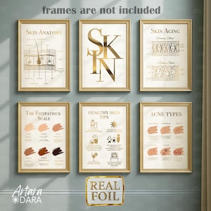 May include: Six framed gold foil prints with skincare information. The prints include "Skin Anatomy", "Skin Aging", "The Fitzpatrick Scale", "Healthy Skin Tips", and "Acne Types". The text "SKIN" is displayed in gold foil on one print. The text "frames are not included" is at the top.