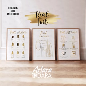 Arte em anatomia de unhas, decoração de salão de beleza, impressão em folha de ouro, pôster de formatos de unhas, cuidados posteriores com as unhas, arte em tecnologia de unhas, decoração de salão de manicure, pôster de beleza