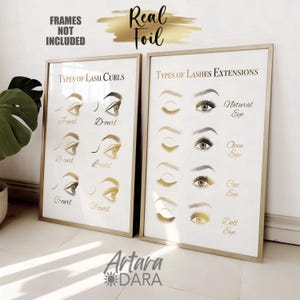 May include: Two framed posters with gold accents. The left poster shows different types of lash curls: J, D, B, L, C, and U. The right poster shows different types of lash extensions: Natural, Open, Cat, and Doll. The posters have the text "Real Foil" and "Artara Dara" on them.