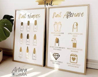 Nails Salon Decor, Real Foil Print, Nail Shapes Art, Nail Aftercare Poster, Nails Tech Poster, Golden Nails Print, Beauty Salon Decor