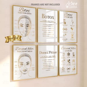 May include: A set of six white wall art prints with gold foil text and illustrations detailing Botox and dermal filler injection sites, definitions, and aftercare instructions. Each print features clear medical diagrams and icons.