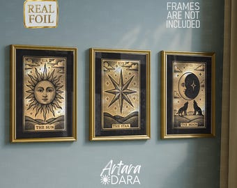 Goldfolie Tarot Poster - Sonne, Stern, Mond Drucke für mystisches Dekor (ungerahmt)