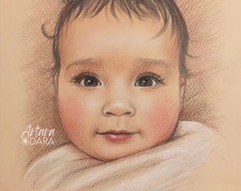 Hand Drawn Portrait, Baby Portrait, Custom Portrait, Pencil Portrait , Mother Gift, Birthday Gift, Handmade Portrait, Portrait Painting