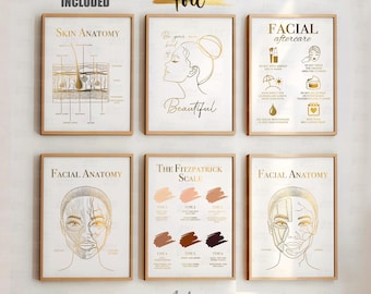 Real Foil Print, Facial Anatomy, Beauty Clinic Decor, Set of 6