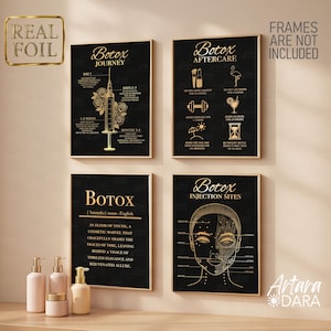 Botox Gold Foil Poster Set, Injection Sites, Aftercare Guide, Treatment Journey, Med Spa Wall Art, Esthetician Decor, 4 Prints (unframed)