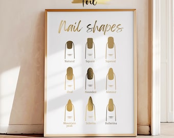 Nail Shapes Poster, Real Foil Print, Nails Salon Decor, Nails Artist Gift, Nail Shapes Guide, Gold Nails Poster, White Gold Nails Art