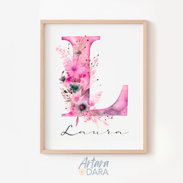 Trendy Pink Name Art, Pink Letter Poster, Custom Name Print, Pink Initial Poster, Girls Room Decor, Watercolor Letter Art, Floral Name Print