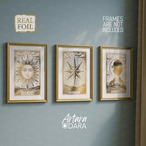 Set of 3 Gold Foil Tarot Posters – Sun, Star, Moon Celestial Wall Art image 1