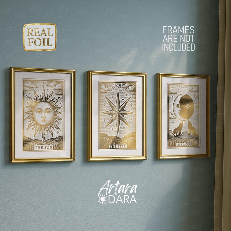 Set of 3 Gold Foil Tarot Posters – Sun, Star, Moon Celestial Wall Art image 1