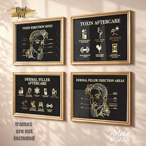 May include: Four framed black and gold wall art pieces with text and illustrations related to cosmetic procedures. The top left frame reads "Toxin Injection Sites." The top right frame reads "Toxin Aftercare." The bottom left frame reads "Dermal Filler Aftercare." The bottom right frame reads "Dermal Filler Injection Areas."