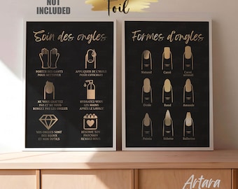 Real Foil Nail Art Print, Salon Decor, Nail Shape Guide
