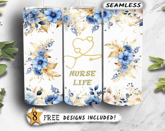 Nurse Tumbler Wrap Skinny CNA 20oz Sublimation Designs png, Blue Gold Nurse Tumbler Wrap Digital Download, Seamless Pattern png, 852