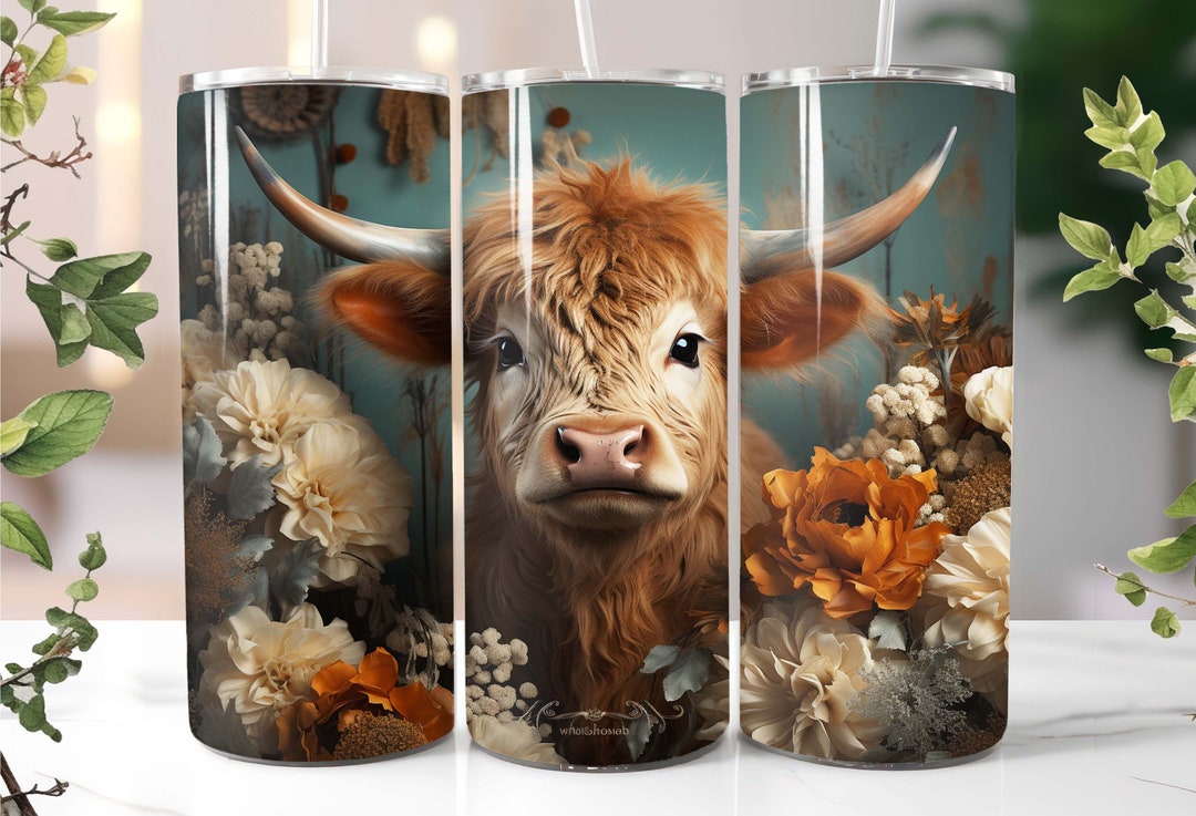 3D Highland Cow in Rustic Flowers Boho Tumbler Wrap - 20oz 30oz ...