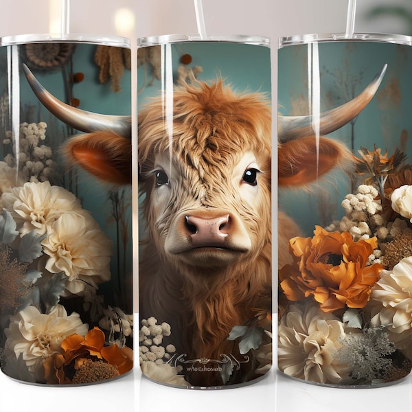 3D Highland Cow in Rustic Flowers Boho Tumbler Wrap - 20oz  30oz - Sublimation PNG - Instant Digital Download - Straight & Tapered - 288