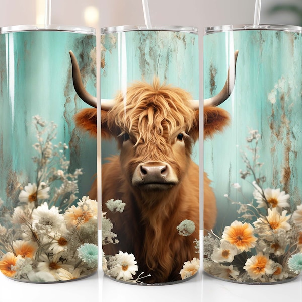 3D Highland Cow in Flowers Rustic Teal Tumbler Wrap - 20oz  30oz - Sublimation PNG - Instant Digital Download - Straight & Tapered - 273