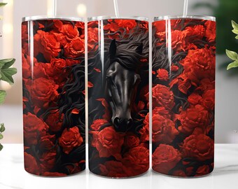 3D Red Rose flowers Black Horse Skinny Tumbler Wrap 20oz / 30oz - Floral Sublimation PNG - Instant Digital Download - Tapered Straight - 138