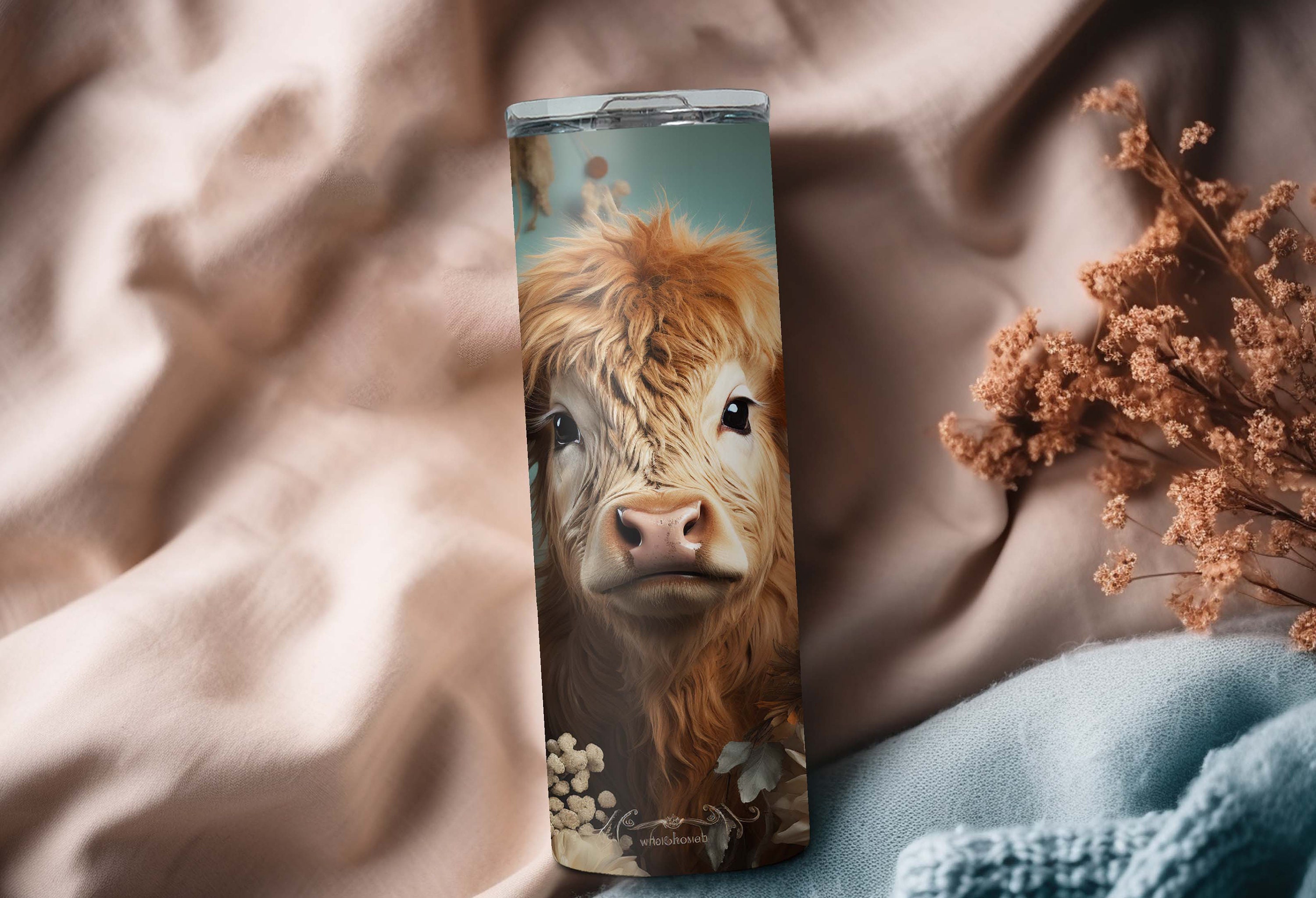3D Highland Cow in Rustic Flowers Boho Tumbler Wrap - 20oz 30oz ...