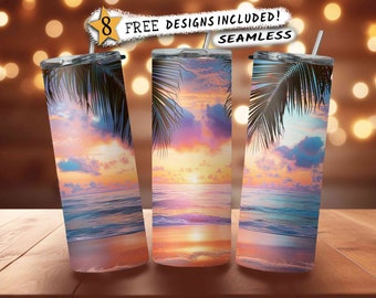 Solnedgångsstrand Tumbler Wrap Scene, Sommarhavsdesigner PNG, 20oz Seamless Pattern, Sublimeringsbild för Digital Nedladdning 1942