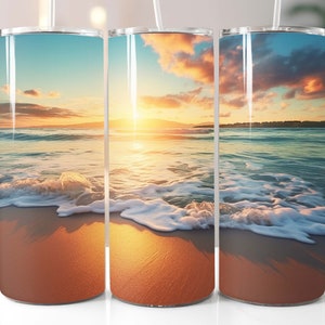 Beach Sunset, Sand & Ocean Skinny Tumbler Wrap 20oz  30oz Sublimation PNG - Instant Digital Download - Tapered Straight -182