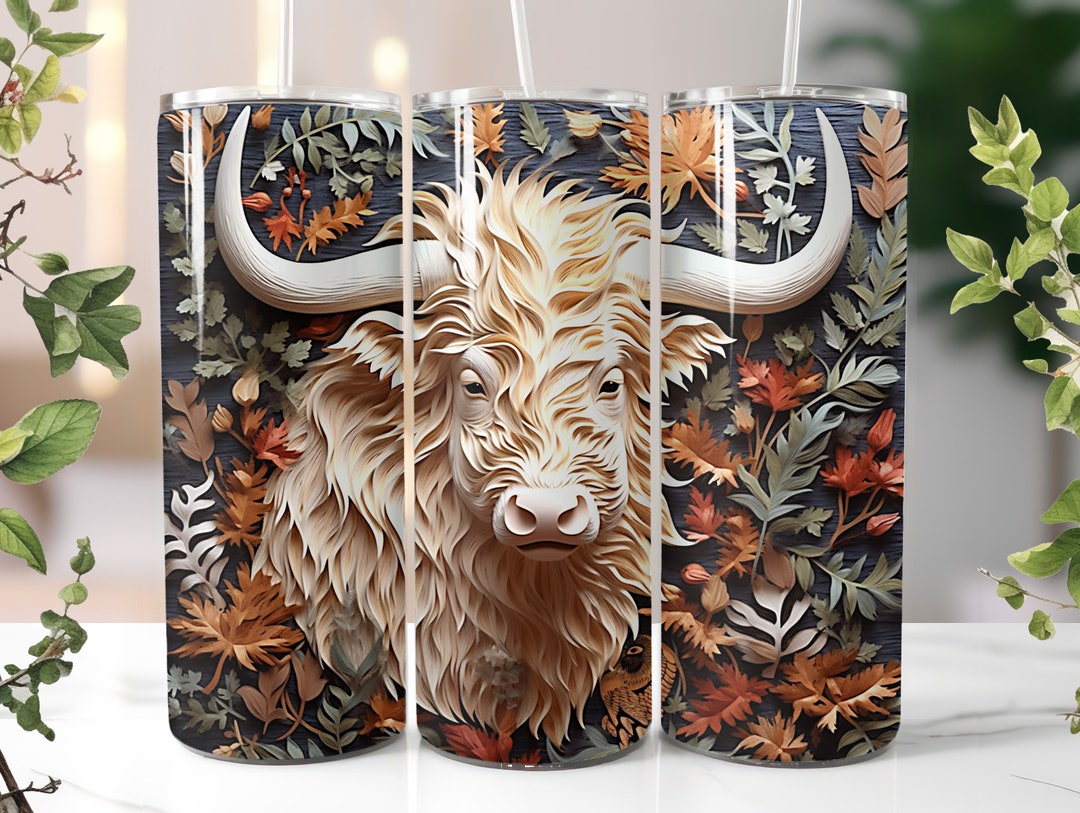 3D Floral Highland Cow Sublimation Tumbler Wrap 20oz / 30oz Sizes ...