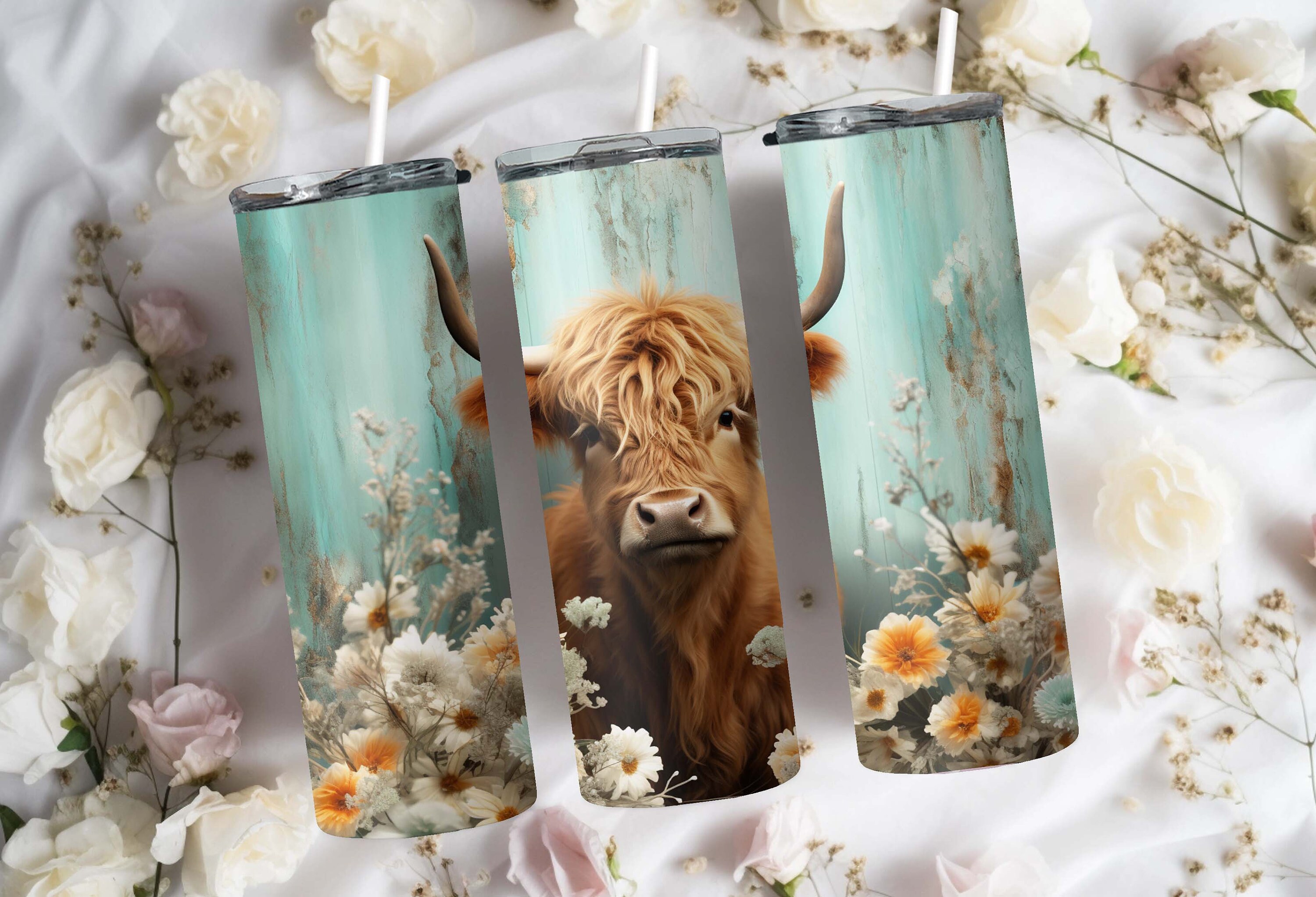 3D Highland Cow in Flowers Rustic Teal Tumbler Wrap - 20oz 30oz ...