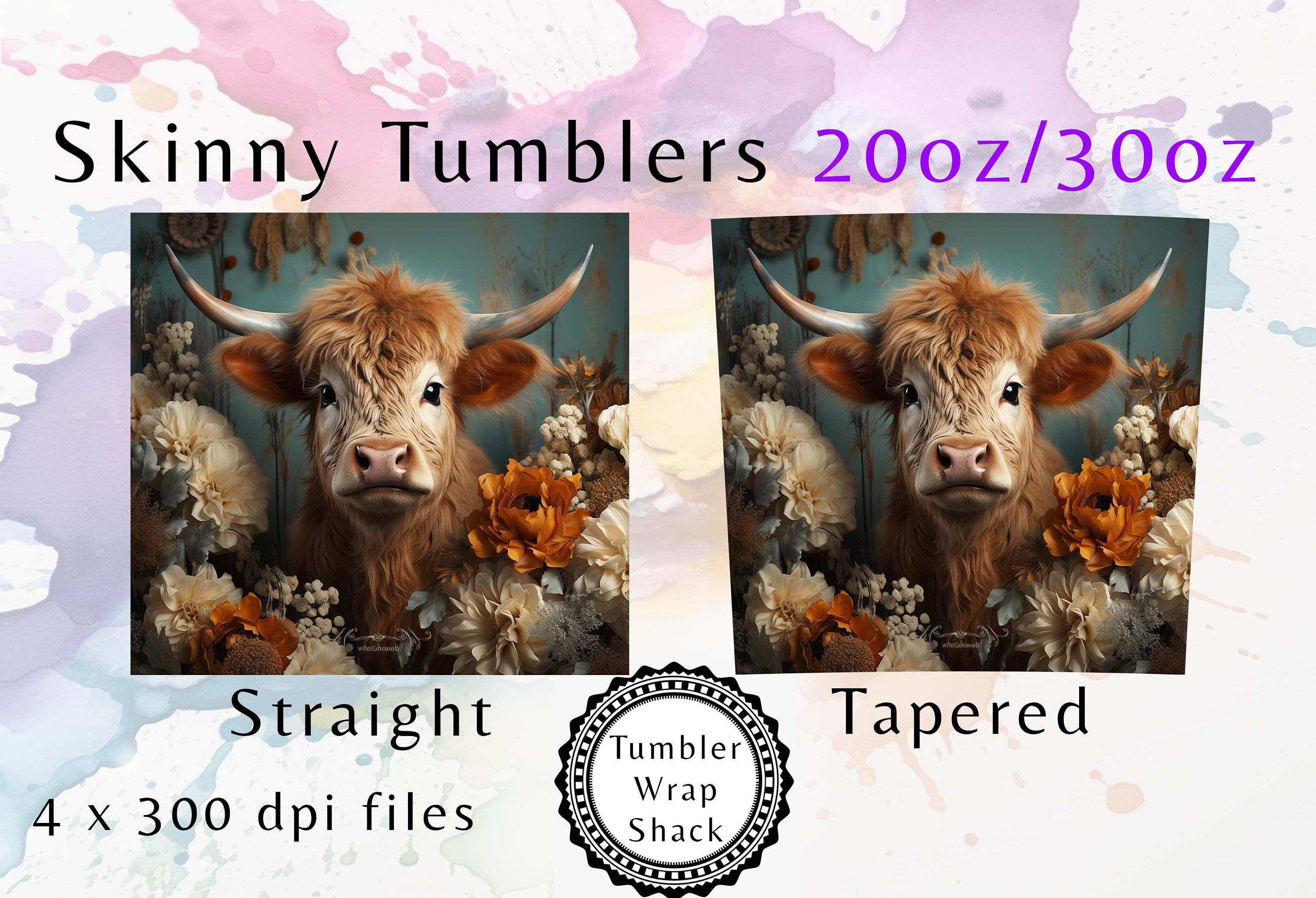 3D Highland Cow in Rustic Flowers Boho Tumbler Wrap - 20oz 30oz ...