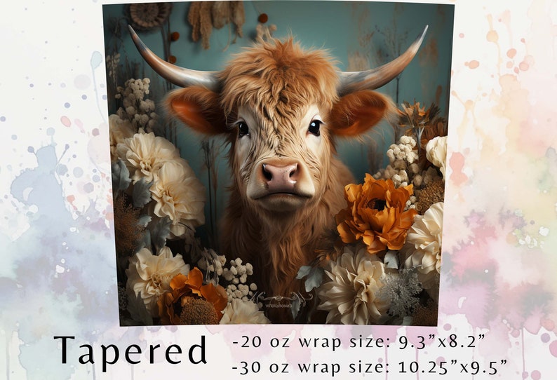 3D Highland Cow in Rustic Flowers Boho Tumbler Wrap 20oz 30oz ...