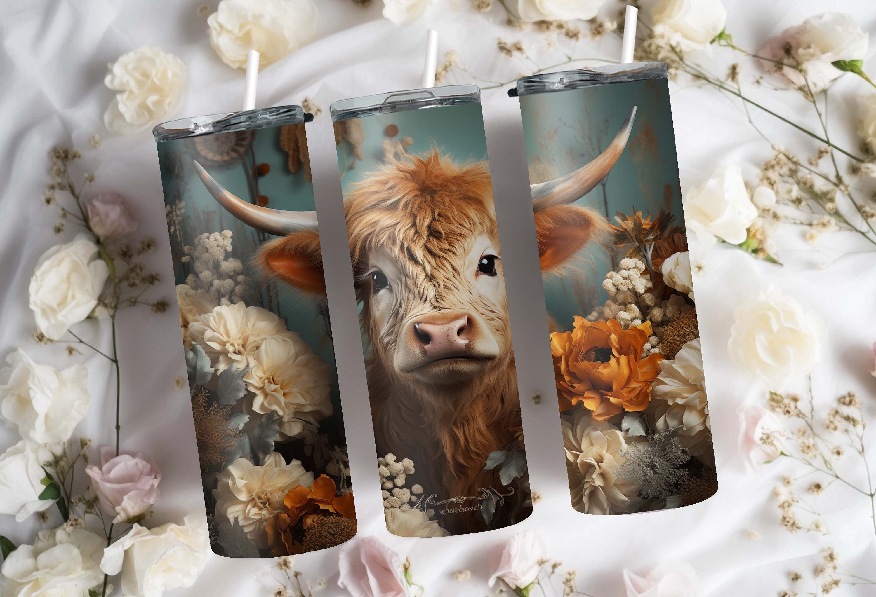 3D Highland Cow in Rustic Flowers Boho Tumbler Wrap - 20oz 30oz ...