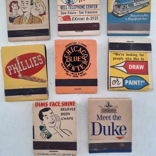 matchbook matches lot 8 ,vintage 1950s American matchbook matches,Talcum for men,skin bracer,phillies,scenicruiser,duke cigar,chicago blues