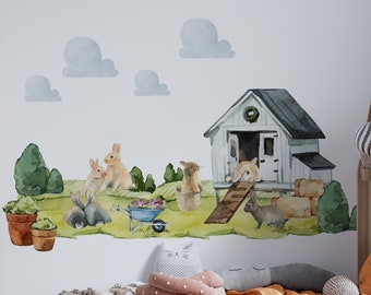 bunny wall decals, rabbit farm nursery decor, nursery wall decals, rabbit farm decal