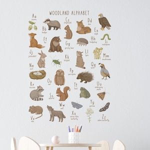 alfabeto de animales del bosque, calcomanía de pared con el alfabeto, letras del alfabeto, calcomanía de pared para el aula, calcomanía de pared para la guardería,