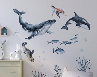 ocean wall decal, ocean animal wall decal,  sea animals wall sticker, whale wall decals,