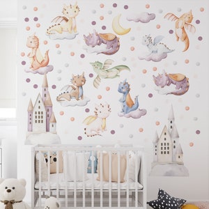 Adorable cute baby dragon wall decal featuring colorful pastel watercolor fairy tale dragons on fluffy clouds with magical castles and crescent moon – perfect dragon nursery and baby dragon nursery decor.