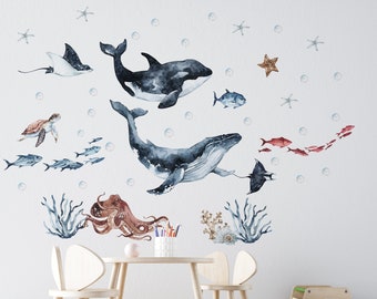 Ocean Animals Wall Decal for Kids and Nursery, sea animals wall sticker,  OCEAN Life with whale, fishes, jellyfishes, sea turtle,