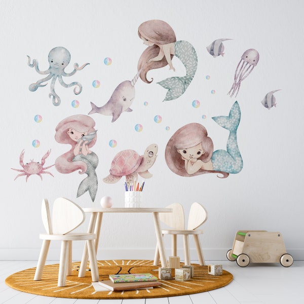 Stickers muraux sirènes, sticker mural chambre d'enfant aquarelle petite sirène du monde marin, sticker mural océan, sticker mural océan monde marin