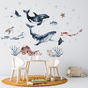 Ocean Animals Wall Decal for Kids and Nursery, sea animals wall sticker,  OCEAN Life with whale, fishes, jellyfishes, sea turtle,