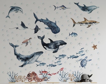 calcomanía de pared del océano, calcomanía de pared de tiburón, calcomanía de pared debajo del mar, pegatina de pared de animales marinos,