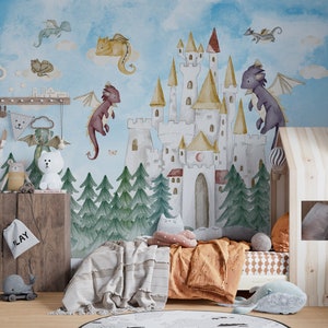 dragon sticker mural, dragon castle wall mural, nursery wallpaper, colorful wallpaper, kids room wallpaper, nursery decor