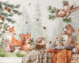 nursery wallpaper with forest animals peel and stick, woodland wallpaper for kids room