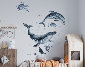 Stickers muraux océan, sticker marin, sticker océan, stickers baleines, stickers dauphins, stickers chambre d'enfant océan,