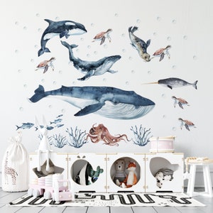 blue whale wall decals, ocean wall stickers,  killer whale decals, seal decals sea life wall decal, under the sea wall stickers