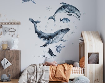 Under the Sea Nursery Wall Decals - Watercolor Ocean Animals with Whale, Dolphin, Turtle & Stingray Stickers for Kids Room Decor